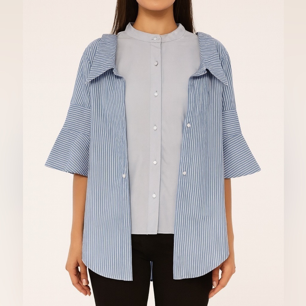 BESFXXK Pin Striped Layered Button Down Bell Sleeve T-Shirt